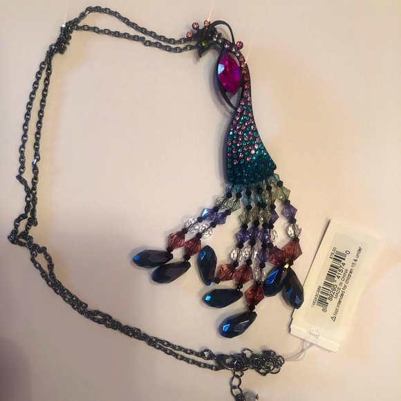 Betsey Johnson Hematite Tone Peacock Pendant Necklace Fringe & Crystal Accents - Picture 5 of 10